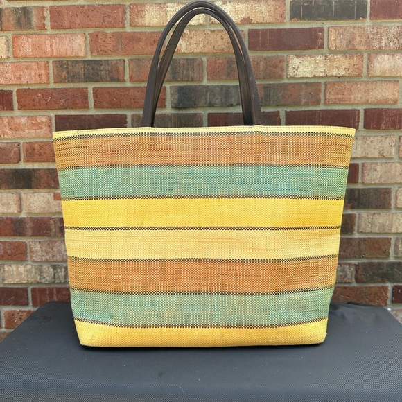 Talbots Tri-Color Paper Straw Tote Shoulder Bag Snap Closure 17” X 13.5” X 11.5” - Picture 2 of 12